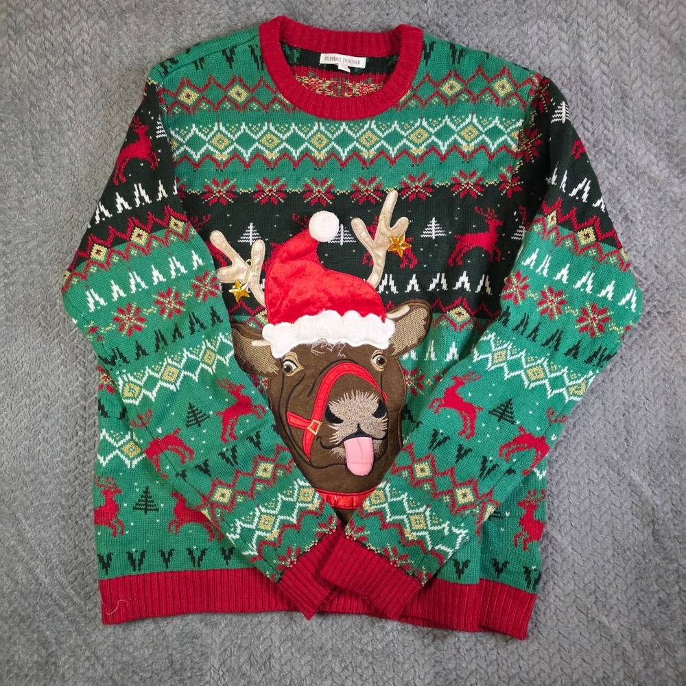Celebrate Together Ugly Christmas Sweater XXL Reindeer Santa 3D Holiday Knit
